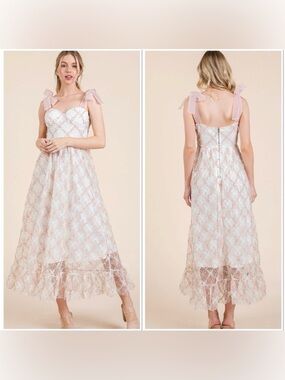 Love Pink and White Lace A-Line Midi Dress with Bow Straps